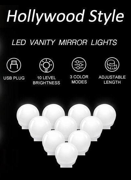 Hollywood Vanity Style LED Makeup Lights Mirror with 3 Color Modes Lights with 10 Dimmable Bulbs (Mirror Not Include) - RnR Galore