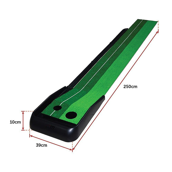 Indoor Practice Putting Green 2.5m Mat Inclined Ball Return Fake Grass 2 Holes - RnR Galore