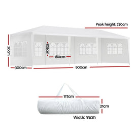 Instahut Gazebo 3x9m Marquee Wedding Party Tent Outdoor Camping Side Wall Canopy 5 Panel White - RnR Galore