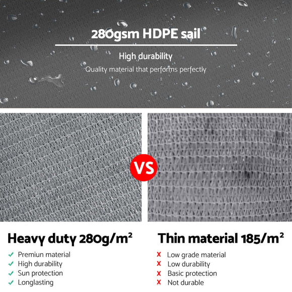 Instahut Shade Sail 6x6x6m Triangle 280GSM 98% Grey Shade Cloth - RnR Galore