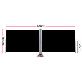 Instahut Side Awning Outdoor Blinds Sun Shade Retractable Screen 2X6M BK - RnR Galore