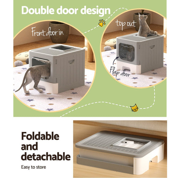 i.Pet Cat Litter Box Large Tray Kitty Toilet Enclosed Hooded Foldable Cat Litter Box Scoop Grey - RnR Galore