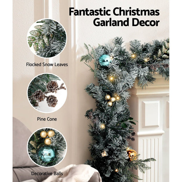 Jingle Jollys 2.7m Christmas Garland with LED Lights Snowy Decoration Xmas Party - RnR Galore