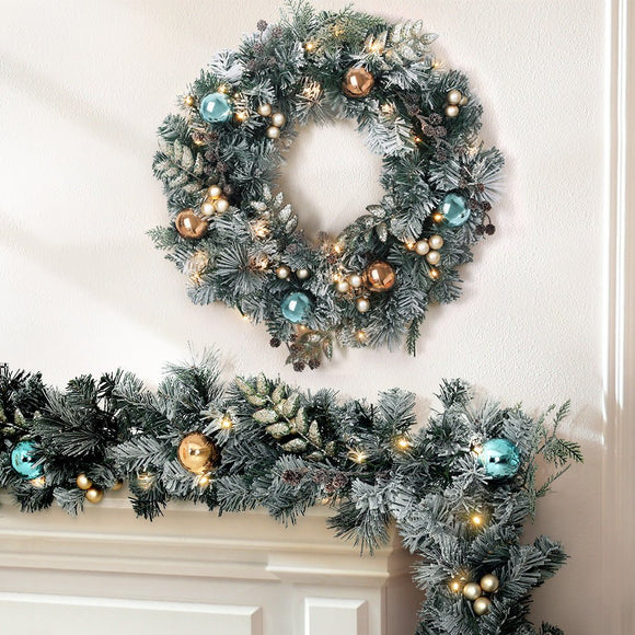 Jingle Jollys 2.7m Christmas Garland with Wreath Set LED Lights Snowy Xmas Decor - RnR Galore