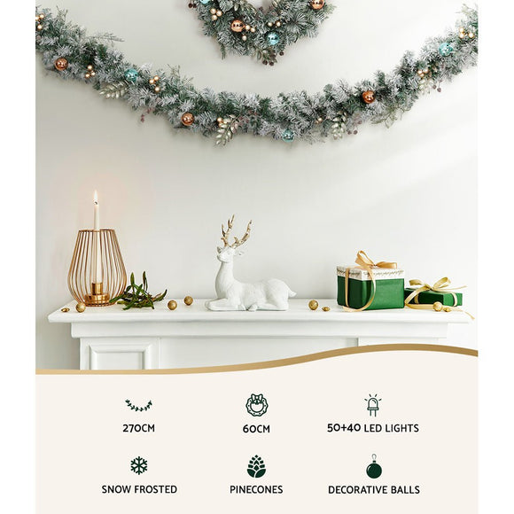Jingle Jollys 2.7m Christmas Garland with Wreath Set LED Lights Snowy Xmas Decor - RnR Galore