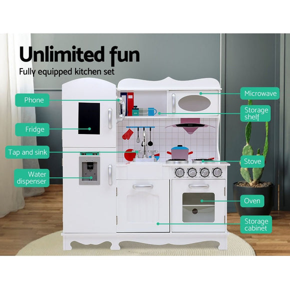 Keezi Kids Kitchen Play Set Wooden Pretend Toys Cooking Children Food White - RnR Galore