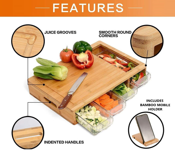 Large Bamboo Cutting Board and 4 Containers with Mobile Holder gift included for Home Kitchen - RnR Galore