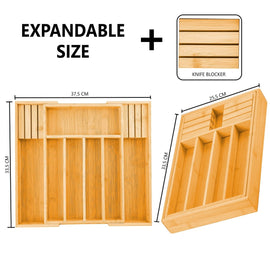 Large Capacity Bamboo Expandable Drawer Organizer with Knife Block Holder for Home Kitchen Utensils - RnR Galore