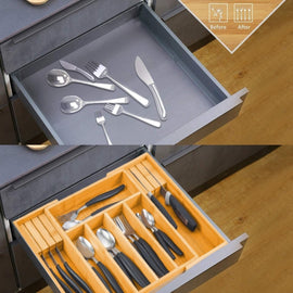 Large Capacity Bamboo Expandable Drawer Organizer with Knife Block Holder for Home Kitchen Utensils - RnR Galore