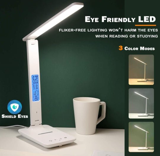 LED Desk Lamp with Fast Wireless Charger Clock Alarm Date Temperature - RnR Galore