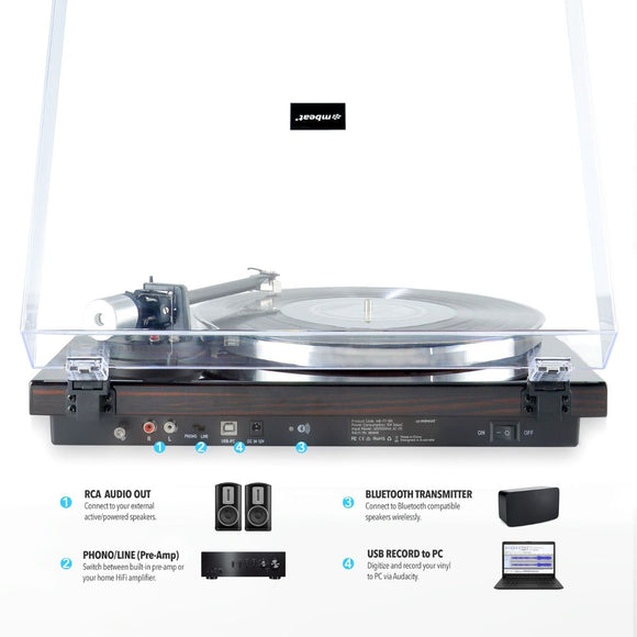 mbeat Hi - Fi Bluetooth Turntable (MMC, USB, Anti - skating, Preamplifier) - Macassar Ebony - RnR Galore