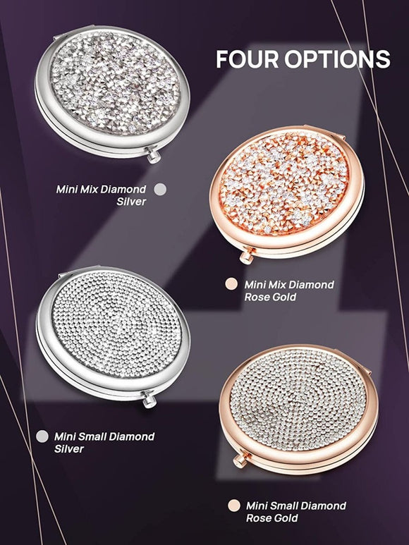 Mini Mix Diamond 1X/2X Magnifying Round Metal Pocket Makeup Mirror (Silver) - RnR Galore