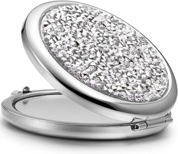 Mini Mix Diamond 1X/2X Magnifying Round Metal Pocket Makeup Mirror (Silver) - RnR Galore