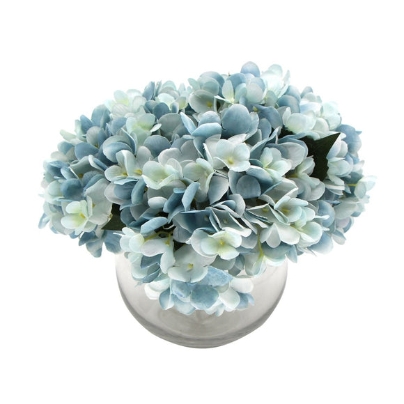 Premium Faux Hydrangea With Glass Vase (Artificial Flowering Blue Hydrangea) 23cm - RnR Galore
