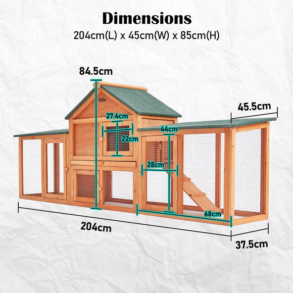 Rabbit Hutch Chicken Coop 204 x 45 x 85cm 2 Storey Cage Mansion - RnR Galore