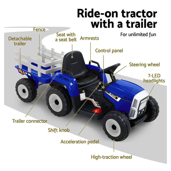 Rigo Kids Electric Ride On Car Tractor Toy Cars 12V Blue - RnR Galore