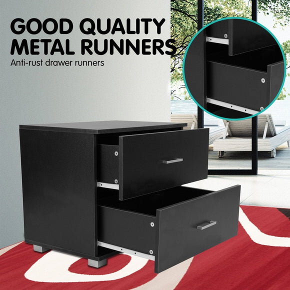 Sarantino Bedside Table Cabinet Storage Chest 2 Drawers Lamp Side Nightstand - Black - RnR Galore