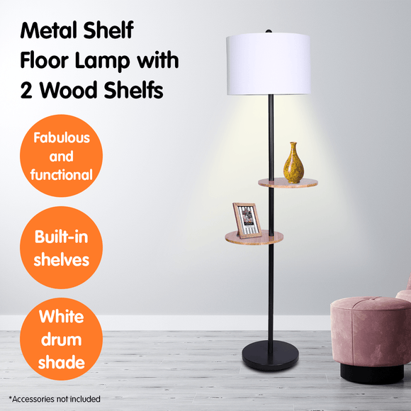 Sarantino Metal Floor Lamp Shade with Black Post in Round Wood Shelves - RnR Galore