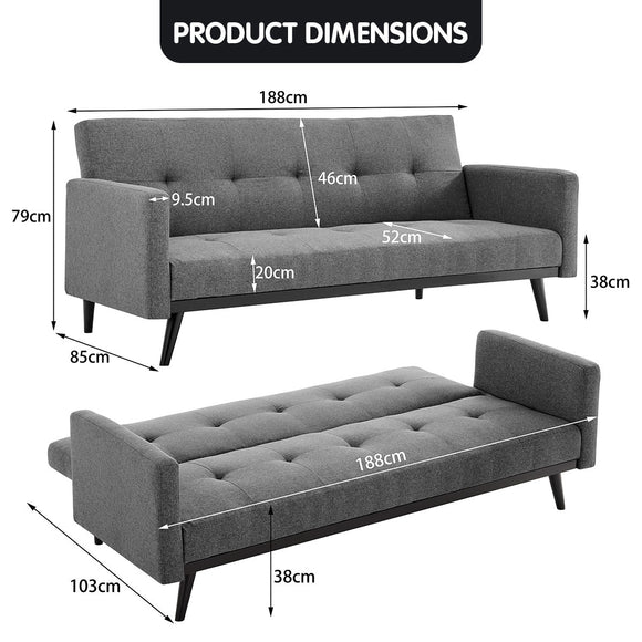 Sarantino Tufted Faux Linen 3 - Seater Sofa Bed with Armrests - Light Grey - RnR Galore