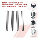 Set of 4 Industrial 3 - Rod Retro Hairpin Table Legs 12mm Steel Bench Desk - 71cm Black - RnR Galore