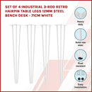 Set of 4 Industrial 3 - Rod Retro Hairpin Table Legs 12mm Steel Bench Desk - 71cm White - RnR Galore