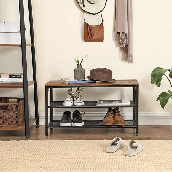 Shoe Rack with 2 Mesh Shelves, Rustic Brown and Black - RnR Galore