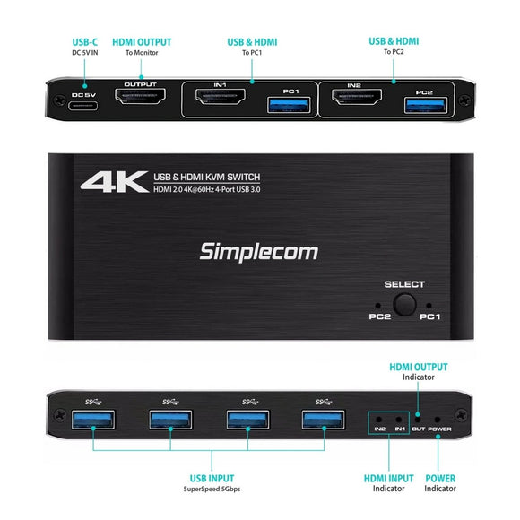 Simplecom KM420 2 - Port HDMI KVM Switch HDMI 2.0 4K@60Hz 4 - Port USB 3.0 Hub 5Gbps - RnR Galore