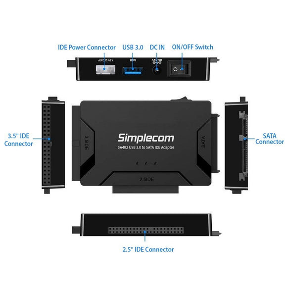 Simplecom SA492 USB 3.0 to 2.5/3.5/5.25 inch SATA IDE Adapter with Power Supply - RnR Galore