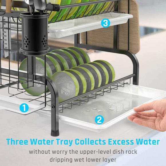 Stainless Steel 2 - Tier Dish Drying Rack with Utensil Holder, Cutting Board Holder and Dish Drainer for Kitchen Counter (Black) - RnR Galore