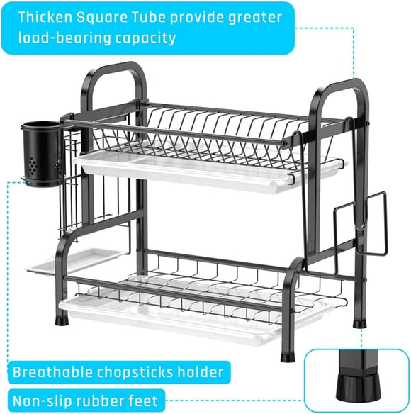 Stainless Steel 2 - Tier Dish Drying Rack with Utensil Holder, Cutting Board Holder and Dish Drainer for Kitchen Counter (Black) - RnR Galore