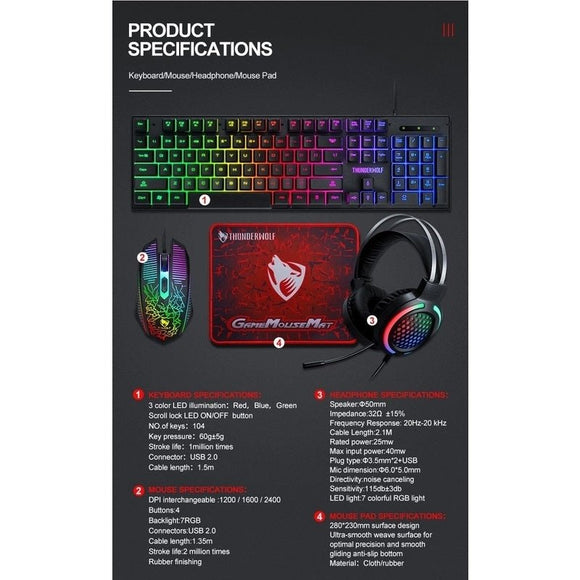 T - Wolf TF400 4 - pcs Rainbow Keyboard/Mouse/Headphone/Mouse Pad Kit Set - RnR Galore
