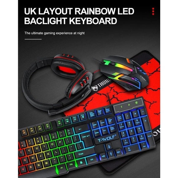 T - Wolf TF800 RGB 4 - pcs Gaming Keyboard/Mouse/Headphone/Mouse Pad Kit Set - RnR Galore