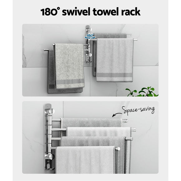 Towel Rail Rack Holder 4 Bars Wall Mounted Stainless Steel Swivel Hanging Hook - RnR Galore
