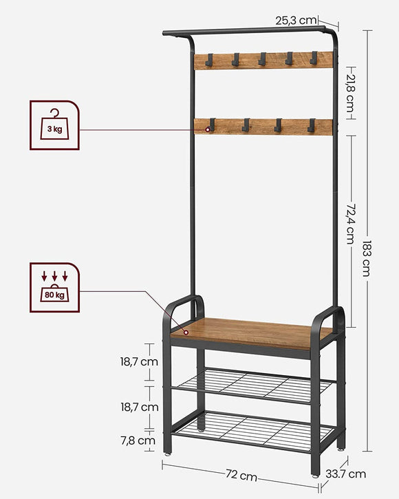 VASAGLE Coat Rack with Shoe Rack 183 cm Height Walnut Brown and Black - RnR Galore