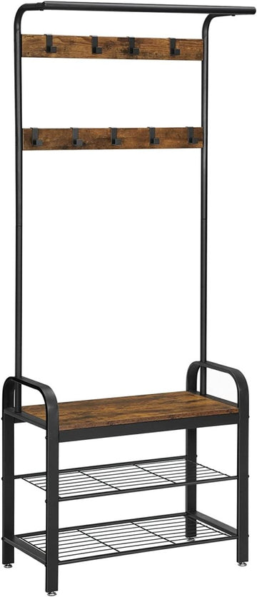 Vintage Coat Rack Shoe Bench, Wood Look Accent Furniture and Metal Frame - RnR Galore