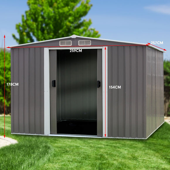 Wallaroo Garden Shed Spire Roof 8ft x 8ft Outdoor Storage Shelter - Grey - RnR Galore