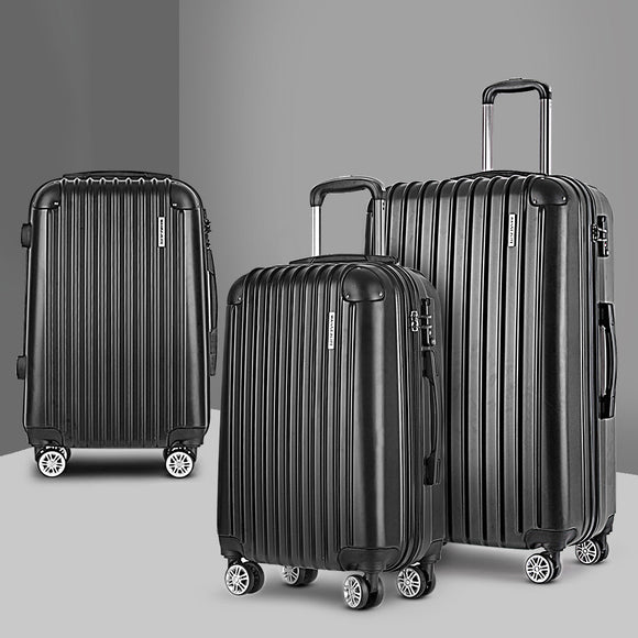 Wanderlite Luggage Set 3pc 20" 24" 28" Suitcase Hardcase Trolley Travel Black - RnR Galore