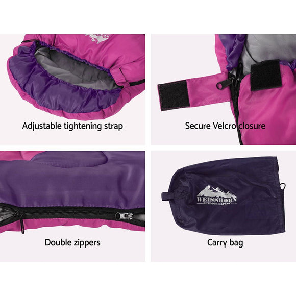 Weisshorn Sleeping Bag Kids Single 172cm Thermal Camping Hiking Pink - RnR Galore