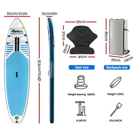 Weisshorn Stand Up Paddle Board 10.6ft Inflatable SUP Surfboard Paddleboard Kayak Surf Blue - RnR Galore