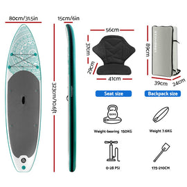 Weisshorn Stand Up Paddle Board 10.6ft Inflatable SUP Surfboard Paddleboard Kayak Surf Green - RnR Galore