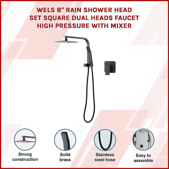 WELS 8" Rain Shower Head Set Square Dual Heads Faucet High Pressure With Mixer - RnR Galore