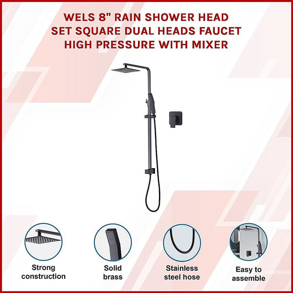 WELS 8" Rain Shower Head Set Square Dual Heads Faucet High Pressure With Mixer - RnR Galore