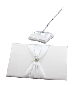 White Wedding Guest Book Register with Silver Pen Matching Stand Set 36 Lined Pages - White Sach Diamante Cover - RnR Galore