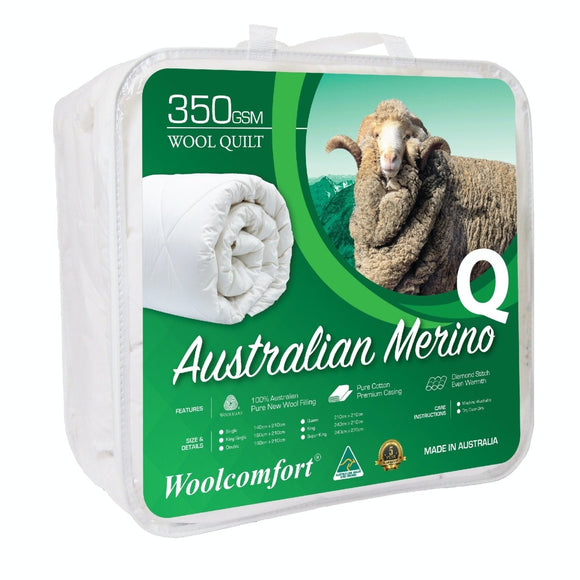 Woolcomfort Aus Made Merino Wool Quilt 350GSM 210x210cm Queen Size - RnR Galore