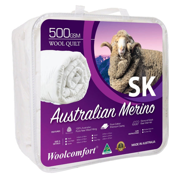 Woolcomfort Aus Made Merino Wool Quilt 500GSM 270x240cm Super King Size - RnR Galore