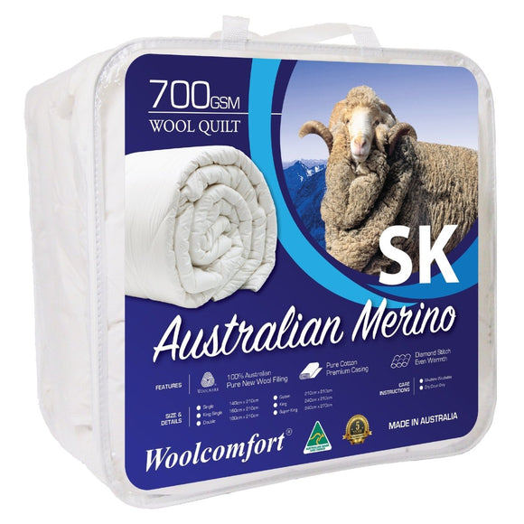 Woolcomfort Aus Made Merino Wool Quilt 700GSM 270x240cm Super King Size - RnR Galore
