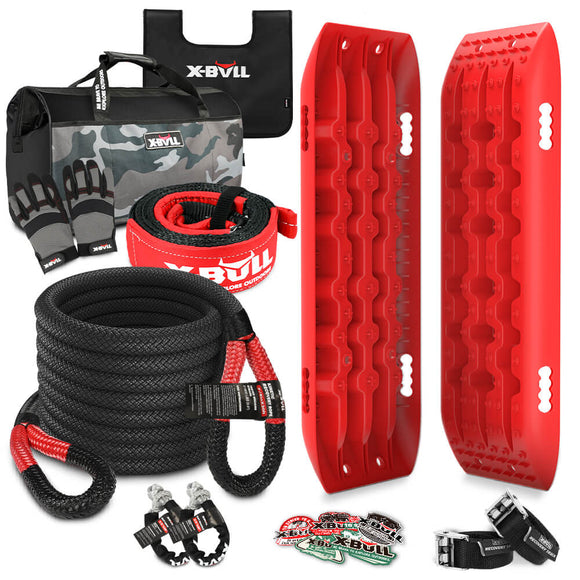 X - BULL Recovery Kit Kinetic Recovery Rope With 2PCS Recovery Tracks Gen2.0 Red - RnR Galore