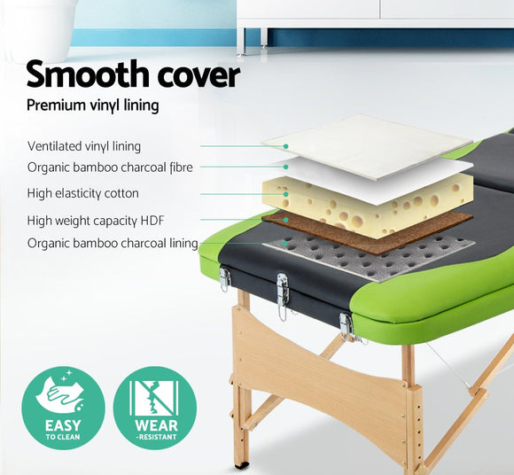 Zenses Massage Table 70cm 3 Fold Wooden Portable Beauty Therapy Bed Waxing Green - RnR Galore
