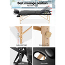 Zenses Massage Table 75cm 3 Fold Wooden Portable Beauty Therapy Bed Waxing Black - RnR Galore
