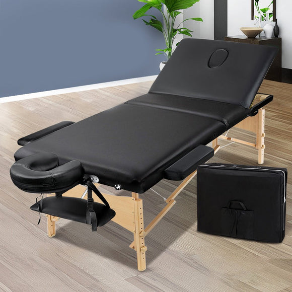 Zenses Massage Table 75cm 3 Fold Wooden Portable Beauty Therapy Bed Waxing Black - RnR Galore